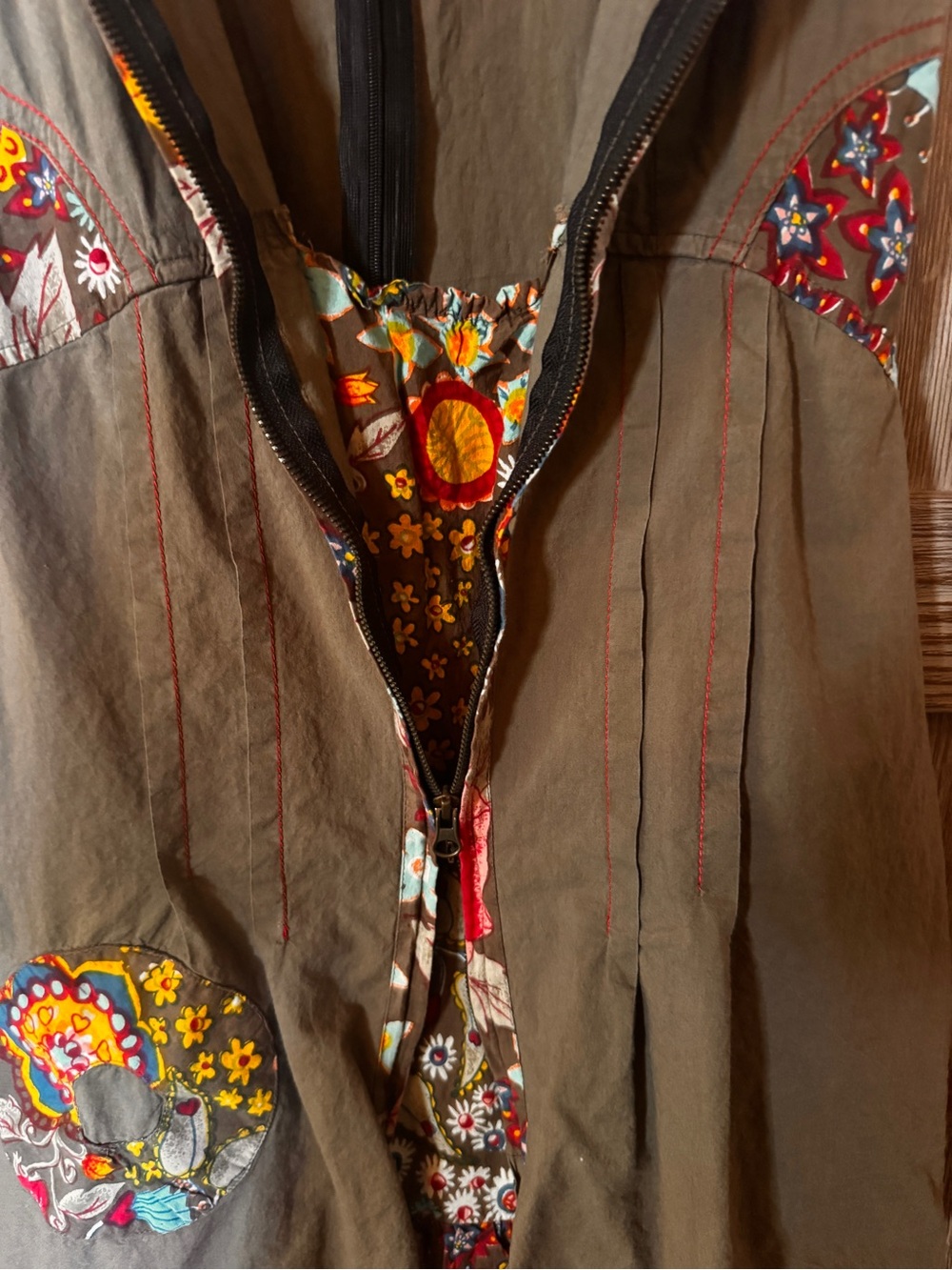 Boho Embroidered brownGreen Sundress with Floral Trim - Picture 5 of 7